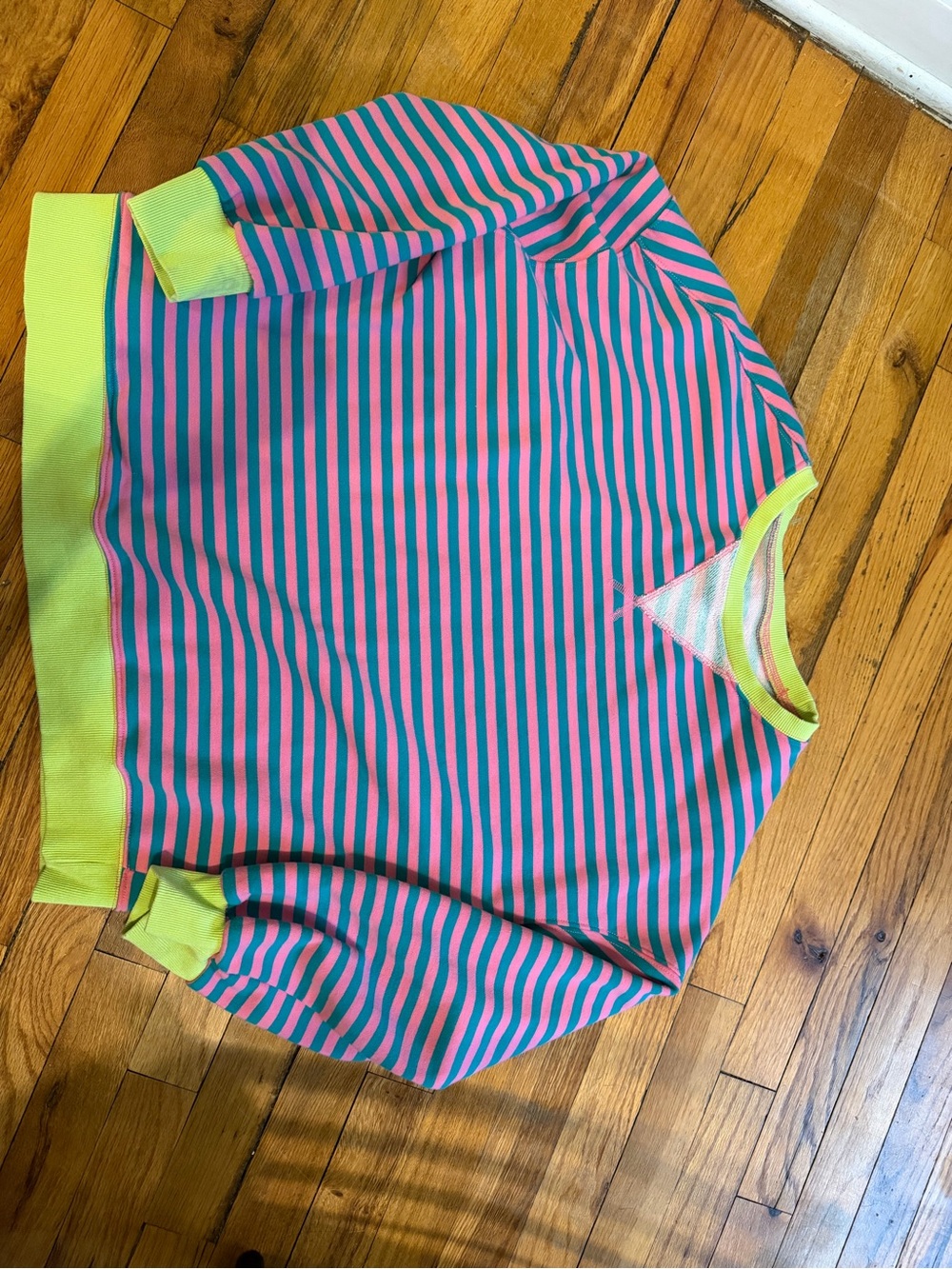 Amazon Women’s Striped Crewneck Sweater in Pink, Blue & Neon Yellow